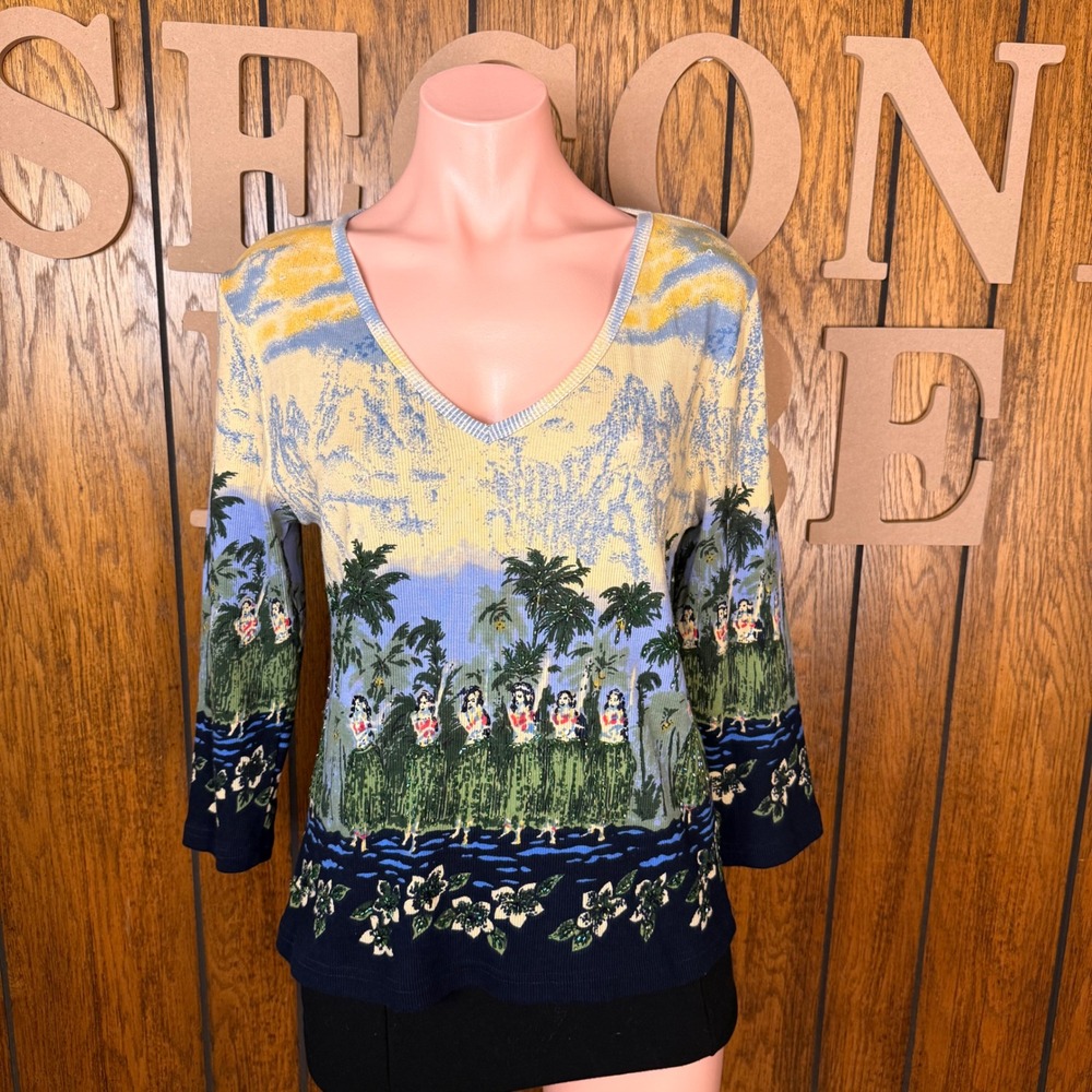 Chaudry Sports Top Women XL Blue Yellow Beaded Boho Coastal Art to Wear Whimsy